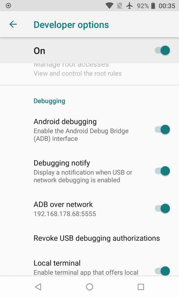 screenshot of Developer options in Android