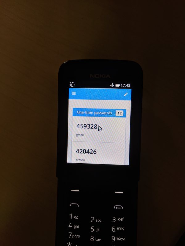 GAuth TOTP code generator in KaiOS on the Nokia 8110 4G
